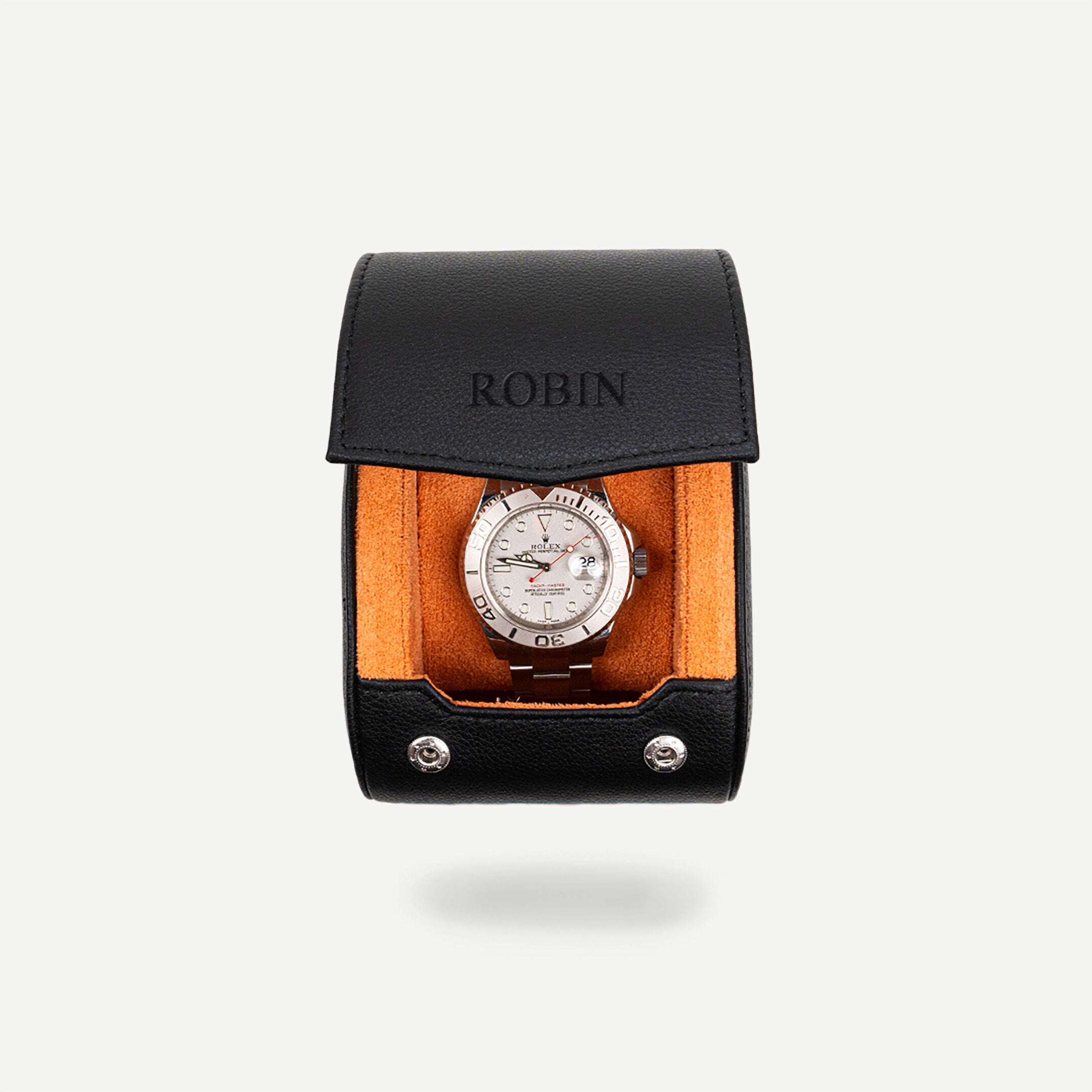 Personalized single watch roll in black orange