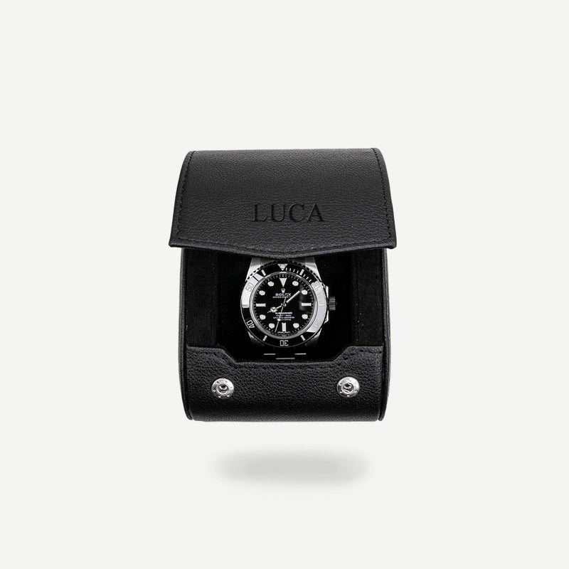 Personalized single watch roll in all black with the name LUCA engraved
