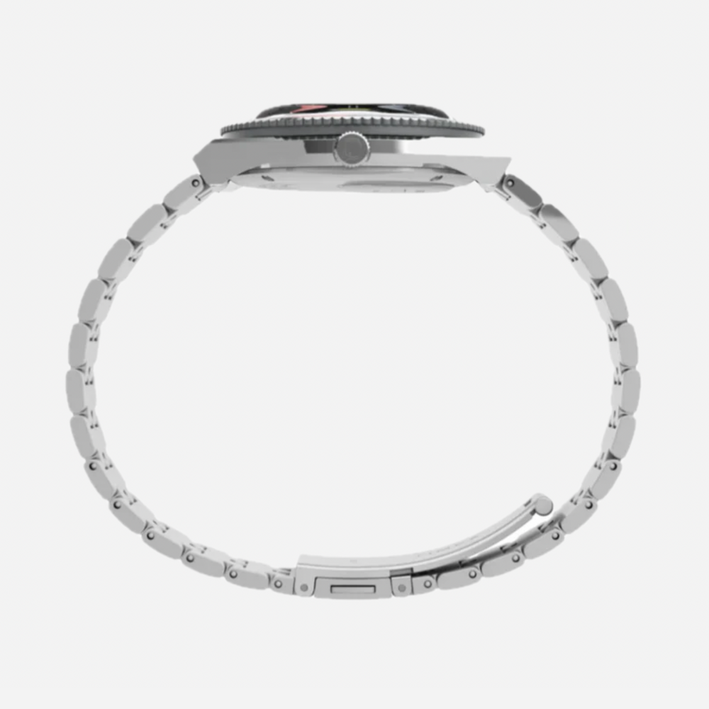 Close-up of a silver watch band on a white background