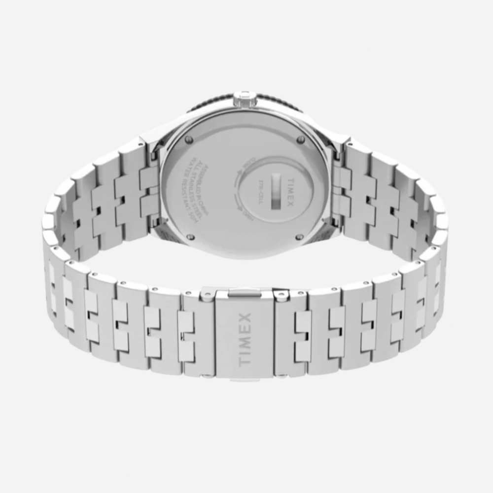 Silver Timex watch with metal band on a white background