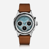 Watch with a brown leather strap and blue face on a white background