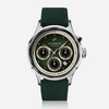 Green wristwatch with a detailed face on a white background