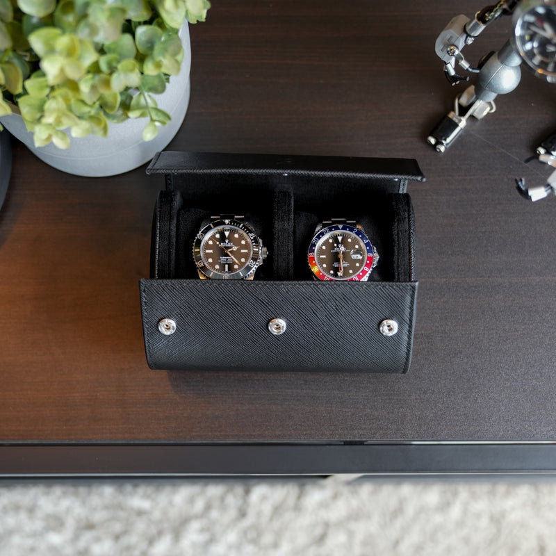 Uhrenrolle für 2 Uhren - Komplett schwarzes Saffiano