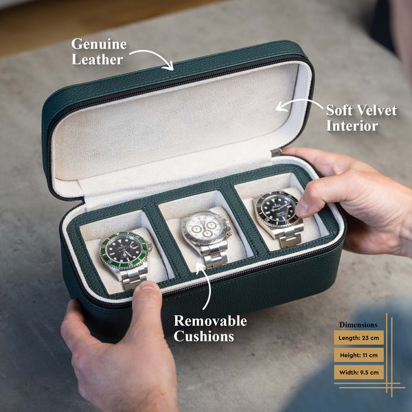 Square Watch Box 3 Slot - dunkelgrüner Litchi