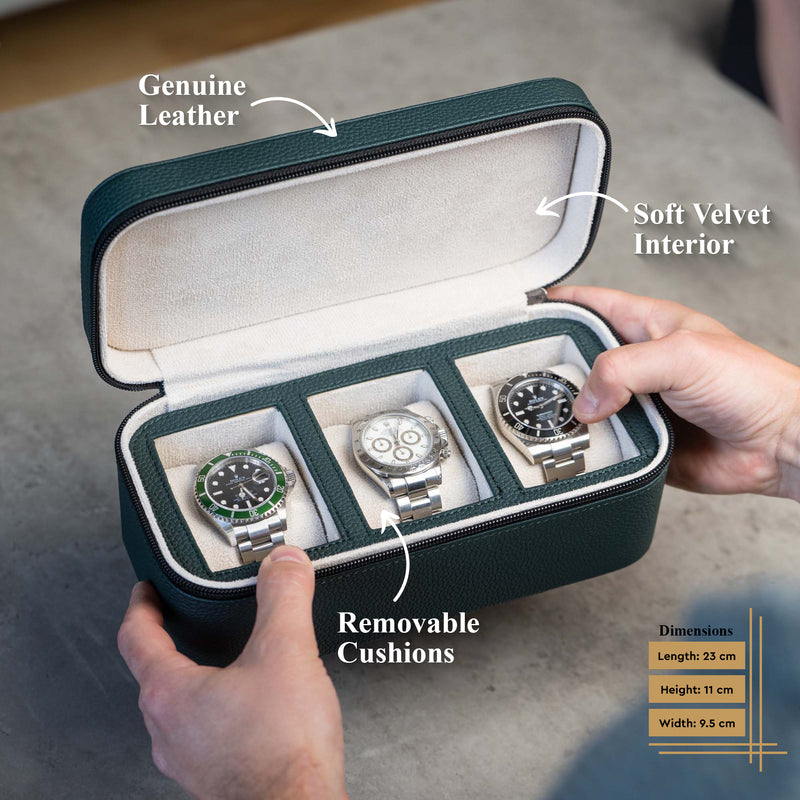 Square Watch Box 3 Slot - dunkelgrüner Litchi