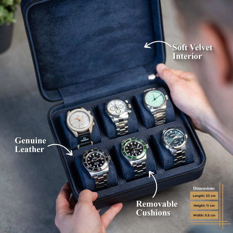 Square Watch Box 6 Slot - Marineblau Litchi