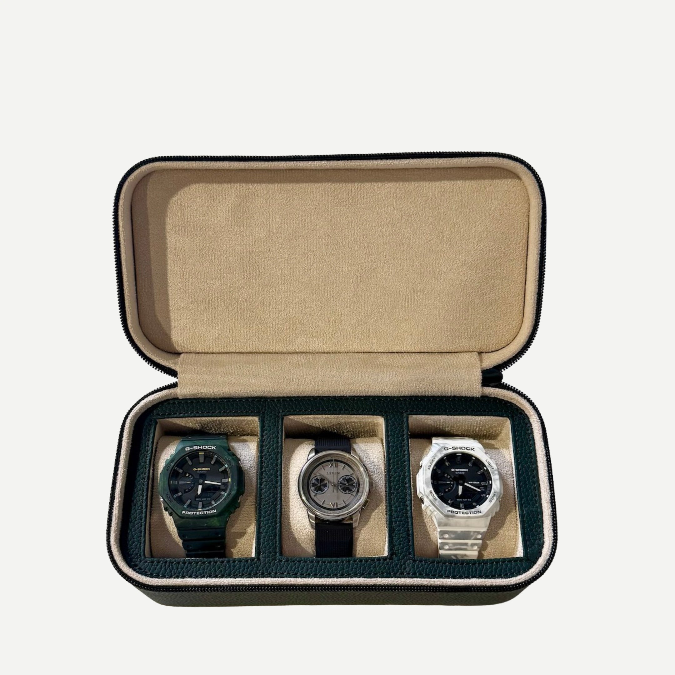 Square Watch Box 3 Slot - dunkelgrüner Litchi