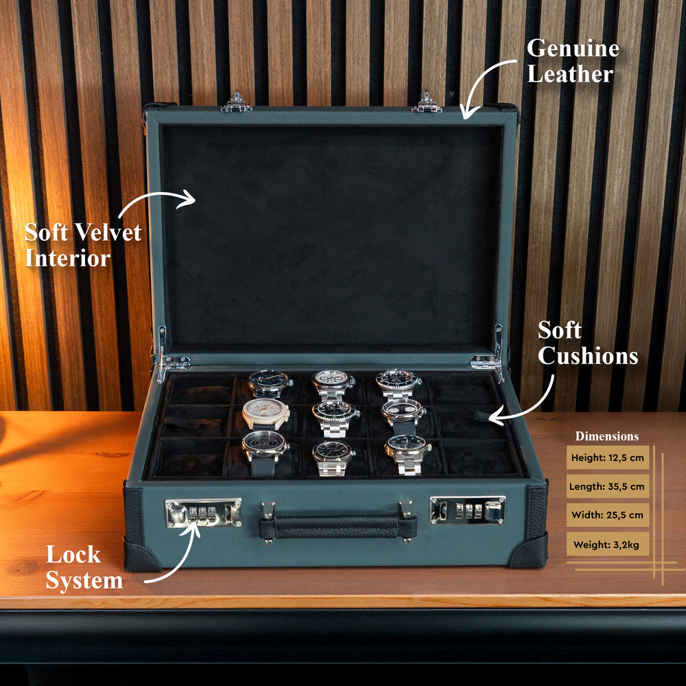 Suitcase For 15 Watches - Dark Green