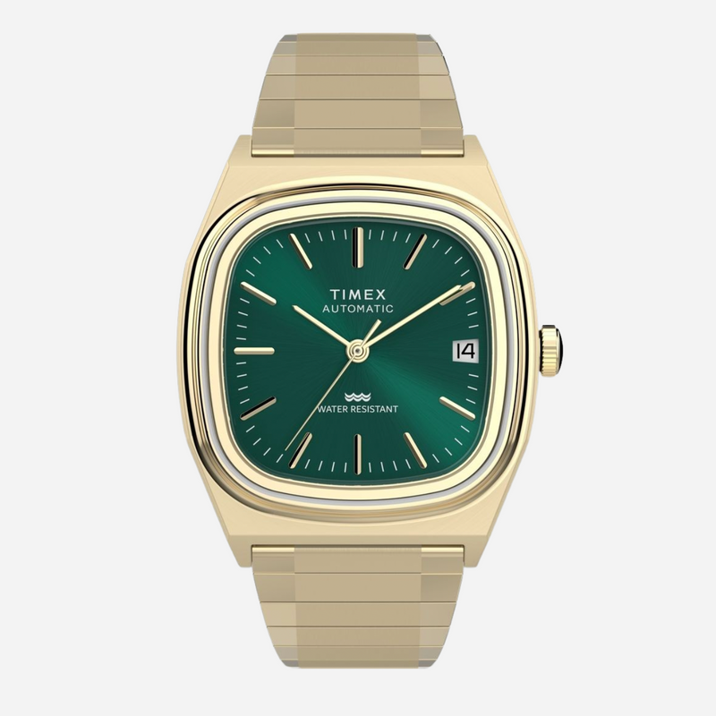 Gold Timex watch with a green face on a white background