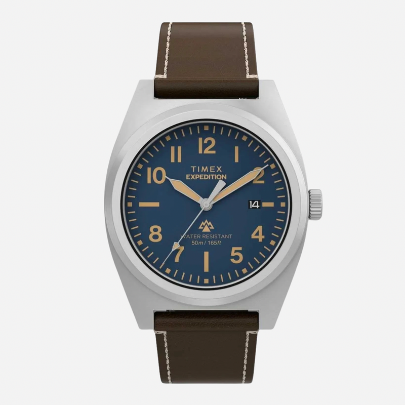 Timex Expedition watch with brown leather strap and blue dial on a white background