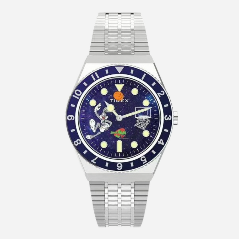 Timex watch with a blue dial and silver band on a white background