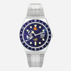 Timex watch with a blue dial and silver band on a white background