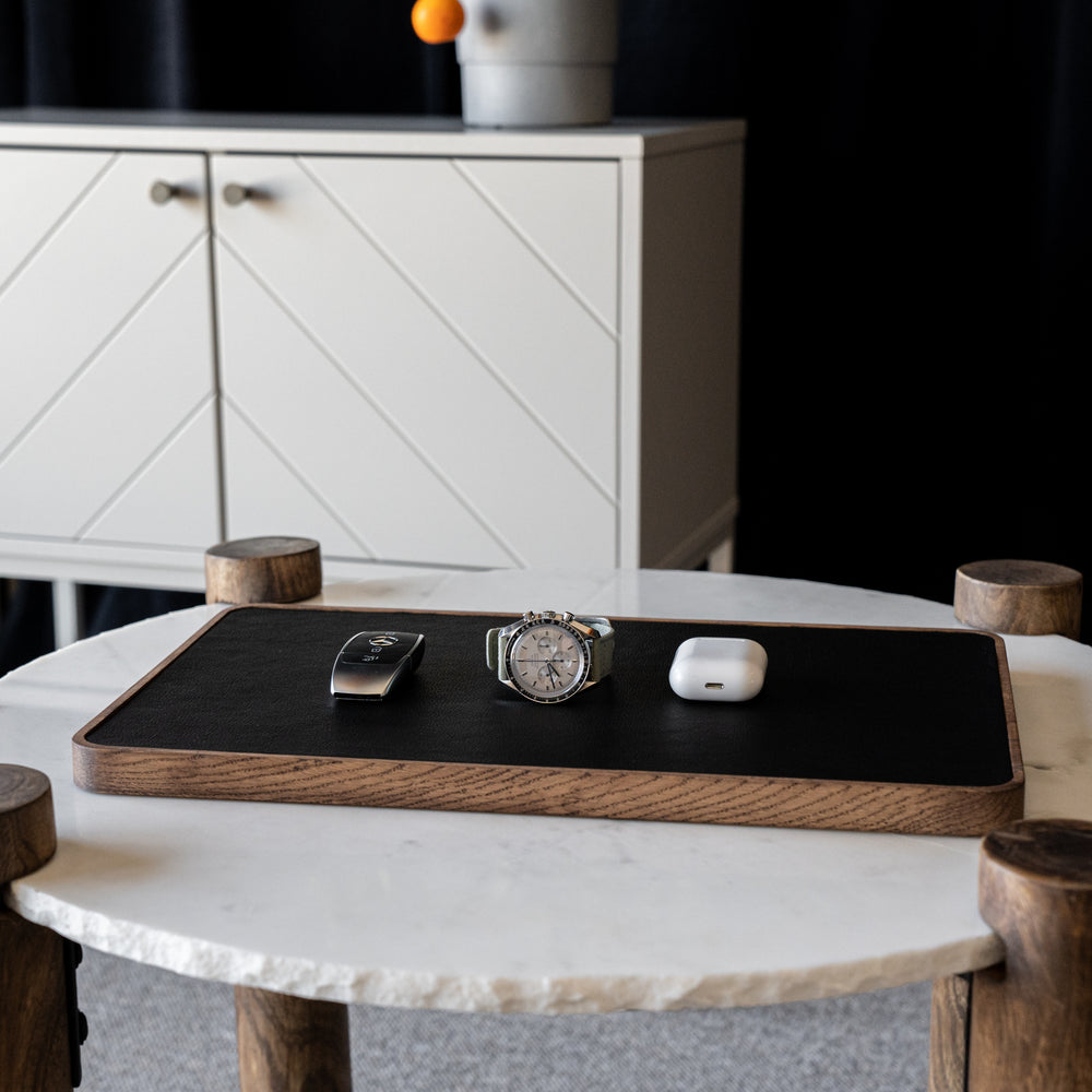 Uhrentablett - Hohes Naturholz Cognac