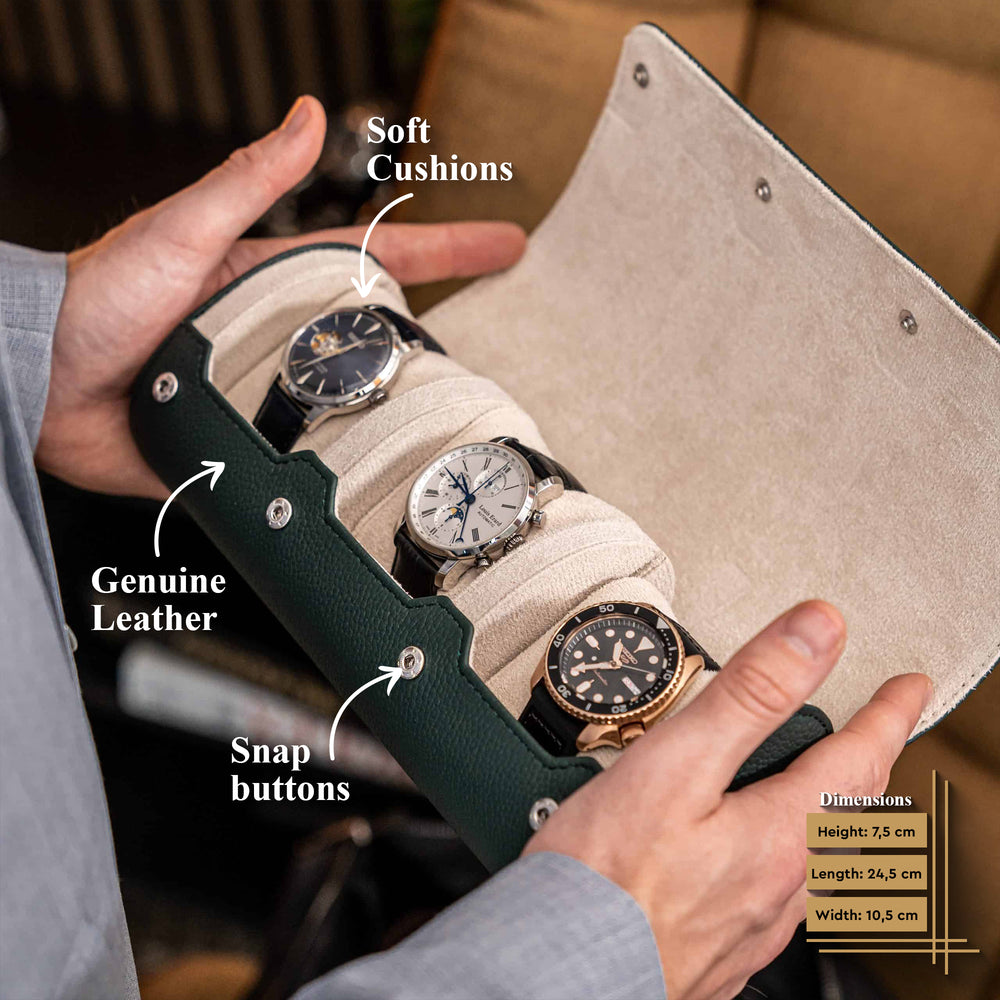 Watch Roll for three watches Dark Green Litchi