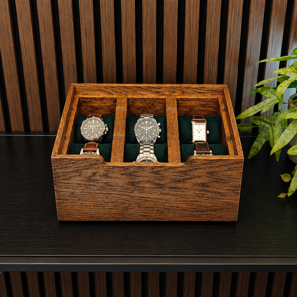Morelund 6 Slot Wood Watch Box Dark Oak Green