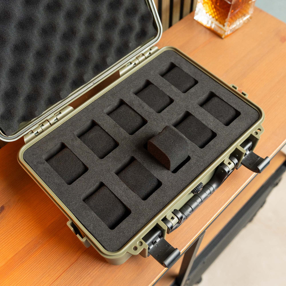 Olivgrüne Uhrenbox mit 10 Fächern