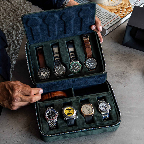 luxury watch box in green, Forest Green 8 Slot Watch Box DailyWatch, italian suede leather, handmade, travel safely with eight watches, watch box interior, how to store watches