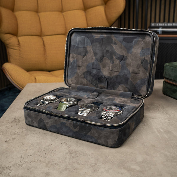 Camo 8 Slot Watch Box DailyWatch, italian suede leather, handmade, travel safe with eight watches