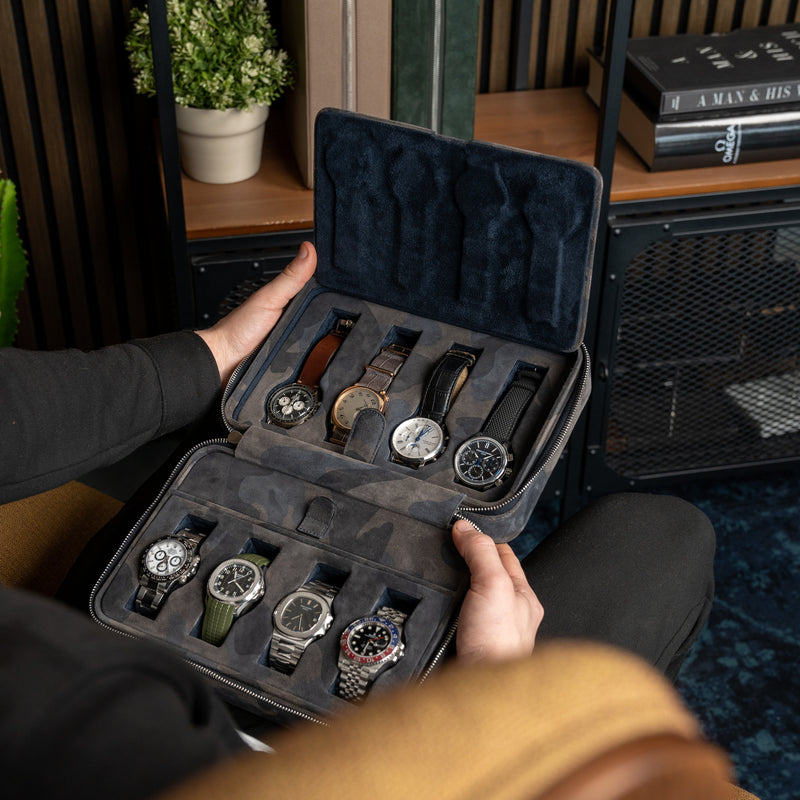 Camo 8 Slot Watch Box DailyWatch, italian suede leather, handmade, travel safe with eight watches, display with eight watches