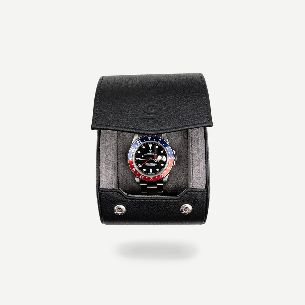 Single Travel Roll - black grey, travel roll for one watch, small travel roll, watch storage, how to travel safely with your watch, compact watch roll, watch roll interior
