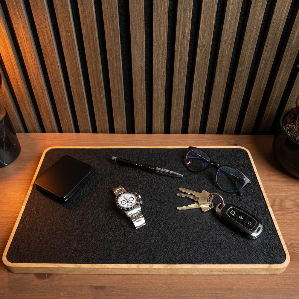 Uhrentablett - Hohes Naturholz Cognac