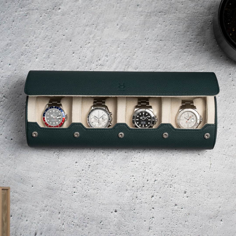 Watch Roll for 4 watches in Dark Green Litchi