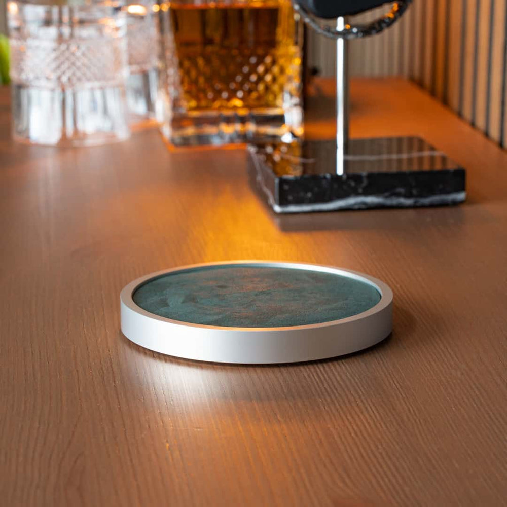 Products Morelund Watchmat, Silver aluminum and green leather, scandinavian design, watch display, watch home decor