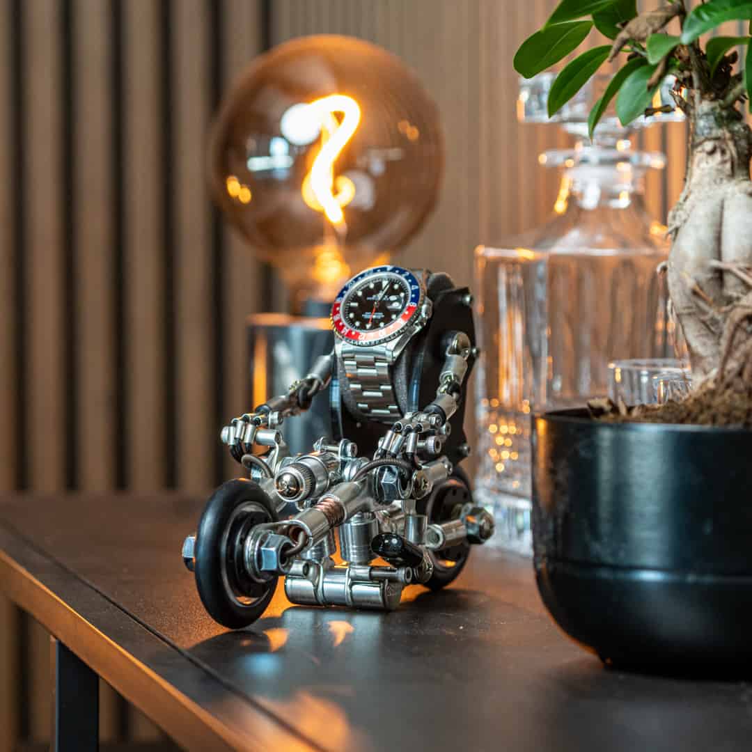 bike watch stand, watch holder, handmade, robotoys, watch display on bar, bike watch stand, watch holder, handmade, robotoys, watch display on bar, aesthetically pleasing  